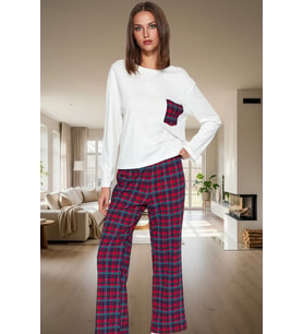 Rahat %100 Pamuklu Ekoseli Pijama Takımı Boru Paça Kaşkorse Dokuma Yüksek Kalite Dayanıklı Malzeme (Beyaz)