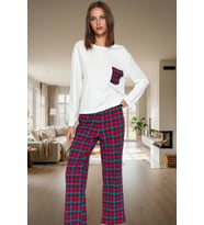 Rahat %100 Pamuklu Ekoseli Pijama Takımı Boru Paça Kaşkorse Dokuma Yüksek Kalite Dayanıklı Malzeme (Beyaz)