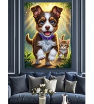 Koşan Köpek Ve Kedi Dekoratif Kanvas - Mdf Ahşap Tablo