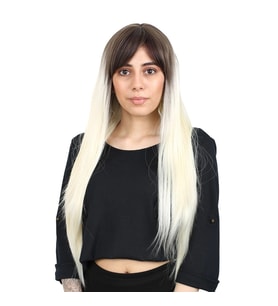 Fiber Sen Uzun Düz Kahküllü Peruk / Küllü Açık Kahve / Platin Ombreli