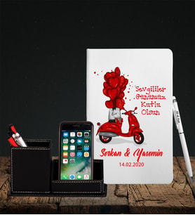 Sevgililer Gününe Özel Beyaz Defter Kalem & Deri Kaplama Kalemlik Hediye Seti 14