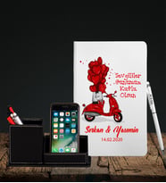Sevgililer Gününe Özel Beyaz Defter Kalem & Deri Kaplama Kalemlik Hediye Seti 14