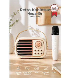 Torima Bluetooh Hoparlör Nostaljik Radyo Mikrofonlu Rgb Işıklı TWS USB TF Speaker BTS-1956 Bej