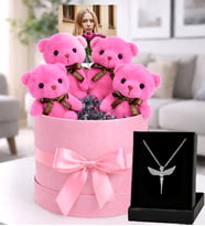 Kişiye Özel Fotoğraflı 4’lü Pembe Ayıcık Buketi Love Ayıcık Hediye Kutusu & Melek Kanat Kolye Seti