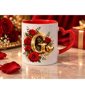 AION CASA G Harfli Kırmızı Gül Desenli Kalp Kulplu Kupa Bardak 325 ml