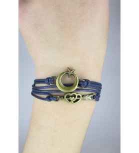 Ayyıldız Ve Kalp Figürlü İp Bileklik (Siyah-Mor)