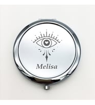 Kişiye Özel İsimli Göz Baskılı Daire Metal Ayna Çanta, Cep ve Makyaj Aynası (Gümüş)