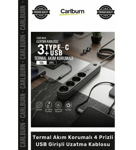 #Uzatma TypeC Şarjlı Dayanıklı 2500 Watt Termal Akım Korumalı 4 Prizli USB Girişli Uzatma Kablosu