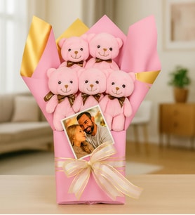 Kişiye Özel Fotoğraflı Peluş Ayıcık Buketi (Pembe)