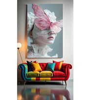 PEMBE KELEBEK KADIN PORTRE Ev Duvar Salon Güzellik Salonu Ofis Dükkan Dekarasyon Kanvas Tablo (Çok Renkli)