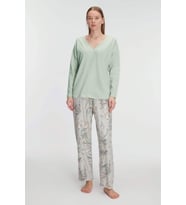Kadın Mint Uzun Kollu Alt Kısmı Çiçek Desenli V Yaka Pijama Takımı (Renksiz)