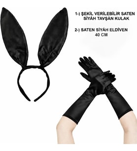 Siyah Parlak Tavşan Kulak ve 40 cm Parlak Siyah Eldiven Kostüm Seti (5343)