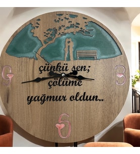 Ahşap Desen Duvar Saati - Çünkü Sen - Sevgiliye Hediye - Epoksi Reçine Kaplamalı - 40 cm (Çok Renkli)