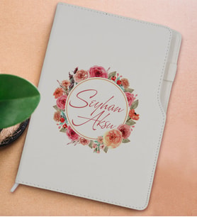 BK Gift Kişiye Özel Çiçek Tasarımlı Beyaz Termo Deri Not Defteri 15x21cm-12