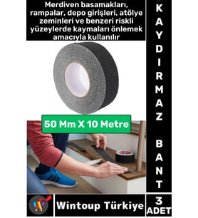 Ultra Güçlü Yapışkan İSG İş Yeri Kaygan Zemin Merdiven Siyah Kaydırmaz Bant 50 Mm X 10 Metre 3 Adet