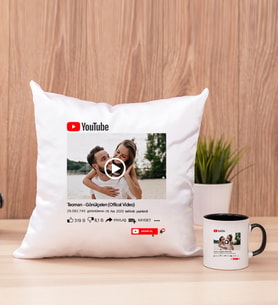 Kişiye Özel Youtube Tasarım Fotoğraflı Kare Yastık ve Siyah Kupa