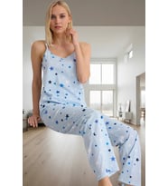 Rahat Örme Pijama Takımı Yıldız Desenli İnce Askılı Regular Kalıp Konforlu Kesim (Mavi)