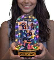 Kişiye Özel Tasarım Renkli Led Işıklı Fanus Size Özel Yazılı ve 3 Fotoğraflı (Model 9)