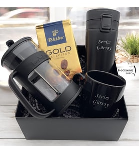 Kişiye Özel Lüks Hediye Seti, Çelik Termos Bardak, Seramik Kupa, French Press, Tchibo Filtre Kahve