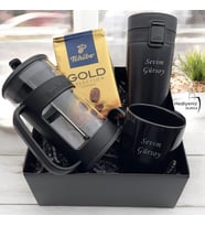 Kişiye Özel Lüks Hediye Seti, Çelik Termos Bardak, Seramik Kupa, French Press, Tchibo Filtre Kahve