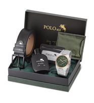 Polo Air Erkek Kol Saati Cüzdan Kemer Kartlık Parfüm Set Kombin Gümüş Yeşil Renk PL-0999E5 (Gri Yeşil)