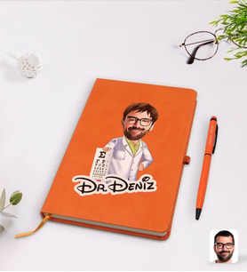 BK Gift Kişiye Özel Erkek Göz Doktoru Karikatürlü Turuncu Termo Deri Defter Kalem Seti Model 1