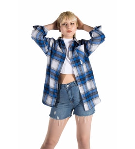 Kadın Mavi Ekoseli Tek Cepli Oversize Oduncu Gömlek 21K-4300618-3