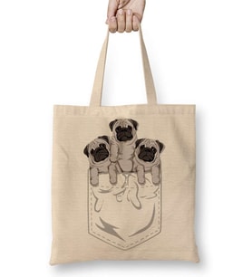 Cepte Pug Cepte Köpek Bez Çanta Uzun Saplı