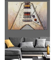 Beyaz V Şekilli Gitar Dekoratif Kanvas - Mdf Ahşap Tablo