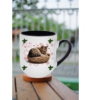 Yeni Yıl Uykucu Kedi Baskılı İçi Siyah Lüx Kupa Bardak Porselen Çay Kahve Fincanı
