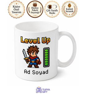 Oyun Dünyası Piksel Karakter Level Up Can Barı Tam Dolu Kupa Bardak Hediye