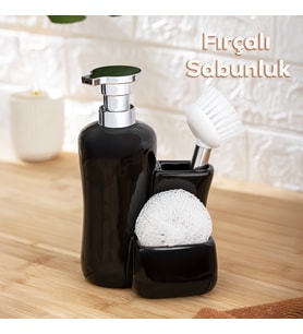 Porsima 268669 Tezgah Üstü Siyah Sıvı Sabunluk Fırçalı Süngerlikli Sabunluk (550ml) 20cm