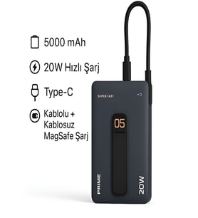 5000mAh 20W Hızlı Şarj Kablosuz Magsafe Powerbank Type-C Kablolu/Girişli Standlı - Siyah