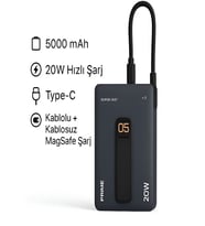 5000mAh 20W Hızlı Şarj Kablosuz Magsafe Powerbank Type-C Kablolu/Girişli Standlı - Siyah