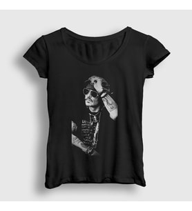Presmono Kadın Siyah Poster Johnny Depp T-Shirt 325889tt