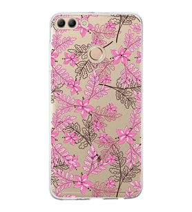 Huawei Y9 2018 Uyumlu Kapak Floral Pembe Tasarımlı Şeffaf Silikon Kılıf