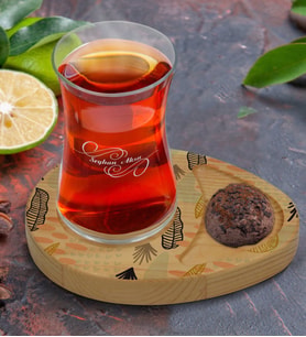 BK Gift Kişiye Özel Modern Art Tasarımlı Doğal Ahşap Tabaklı Heybeli Çay Bardağı Sunum Seti Model 5