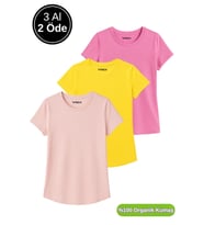 Kadın 3'lü Paket Pudra-Pembe-Sarı %100 Organik Pamuk Normal Kesim Tişört Bisiklet Yaka T-Shirt