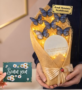 Size Özel Led Işıklı Tasarım Aynalı Kelebek Buketi Kişiye Özel Kelebek Buketi Hediyesi (Mavi)