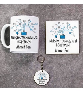 Bilişim Teknolojileri Öğretmeni Kupa Bardak Altlık ve Anahtarlık Hediye Seti (Model 1)