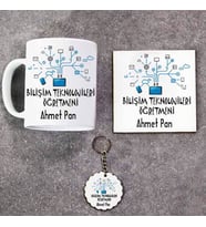 Bilişim Teknolojileri Öğretmeni Kupa Bardak Altlık ve Anahtarlık Hediye Seti (Model 1)