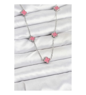 Mey İthalat® 316L Çelik Zincir Gümüş Renk Pembe Baby Boy Yonca Kadın Kolye