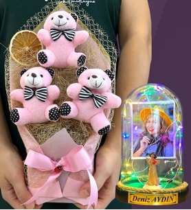 Size Özel Renkli Led Işıklı Fanus ve Büyük Boy Pembe Ayıcık Buketi Hediye Seti (Model 5)