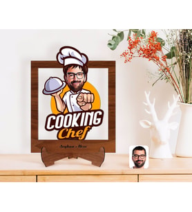 BK Gift Kişiye Özel Erkek Chef Karikatürlü Ahşap Standlı 3D Biblo-15 (Beyaz)