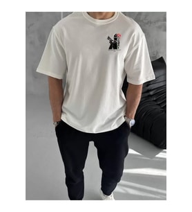 Unisex Bisiklet Yaka Baskılı Oversize T-Shirt - Beyaz