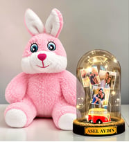Kişiye Özel 3 Fotoğraflı LED Işıklı Fanus ve Pembe Peluş Tavşan Hediye Seti (vosvoslu)