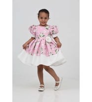 Babyhola 1-10 Yaş Balon Kol Çiçek Desenli Saten Kız Çocuk Abiye Balo Elbise 7153 (Pembe)