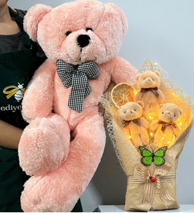 Büyük Boy 80 cm Peluş Ayıcık ve Led Işıklı Peluş Ayıcık Buketi