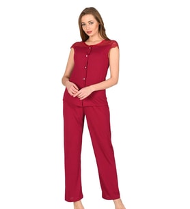 Bayan Bordo Penye Kısa Kollu Pijama Takımı 1632