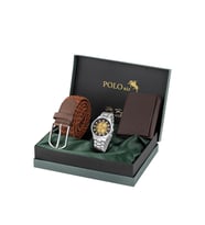 Polo Air Erkek Kol Saati Esnek Kemer Mıknatıslı Cüzdan Kombin Set Altın Gümüş Renk PL-7032E5 (Altın-Gümüş)